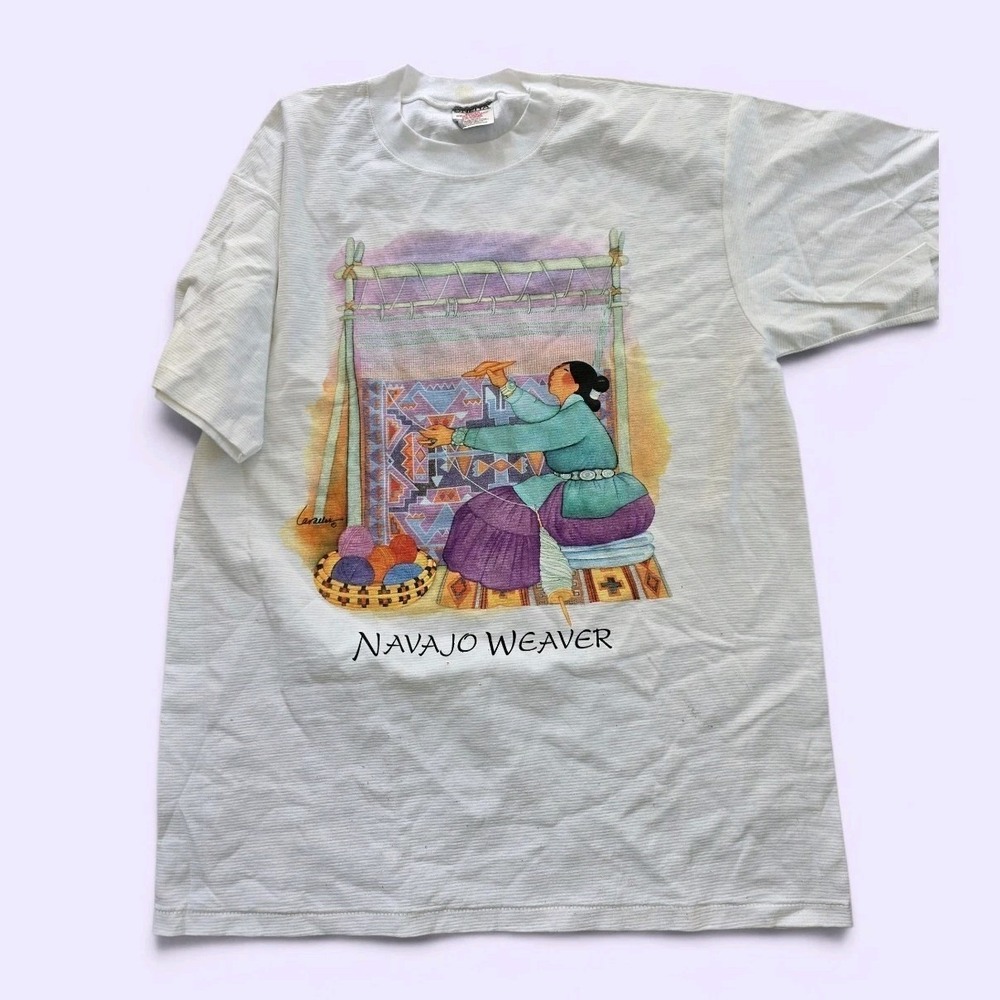 Vintage Oneita Navajo Weaver T-Shirt Mens Large White Cotton Graphic Made in USA